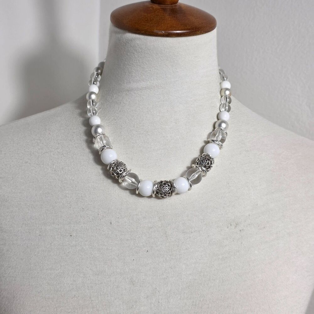 Bold Chunky Statement Necklace Round White, Clear & Ornate Silver Beads